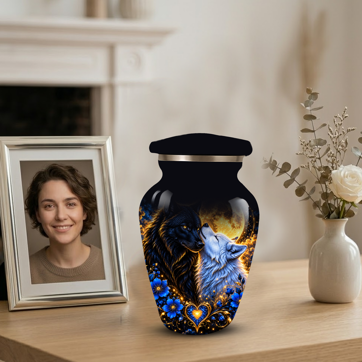 Personalized Wolf Cremation Urn for Ashes, Black and White Wolf Memorial Urn, Blue Floral Adult Urn, Custom Adult Urn