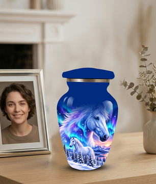 White Horse Cremation Urn for Adult Ashes, Blue Memorial Urn with Snowy Mountain and Northern Lights Artwork