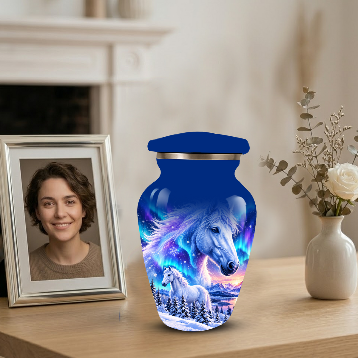White Horse Cremation Urn for Adult Ashes, Blue Memorial Urn with Snowy Mountain and Northern Lights Artwork