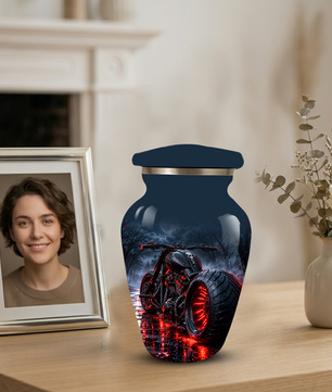 Personalized Adult Cremation Urn for Ashes, Custom Motorcycle Memorial Urn, Black Chopper with Red LED Lights