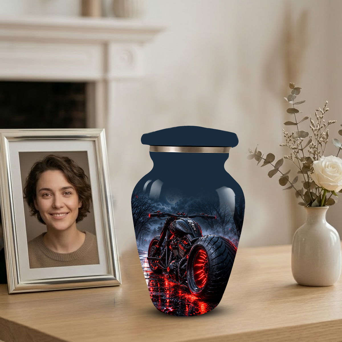 Personalized Adult Cremation Urn for Ashes, Custom Motorcycle Memorial Urn, Black Chopper with Red LED Lights