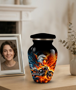 Eagle and Motorcycle Cremation Urn for Adult Ashes, Fiery Phoenix Eagle Biker Urn for Human Ashes