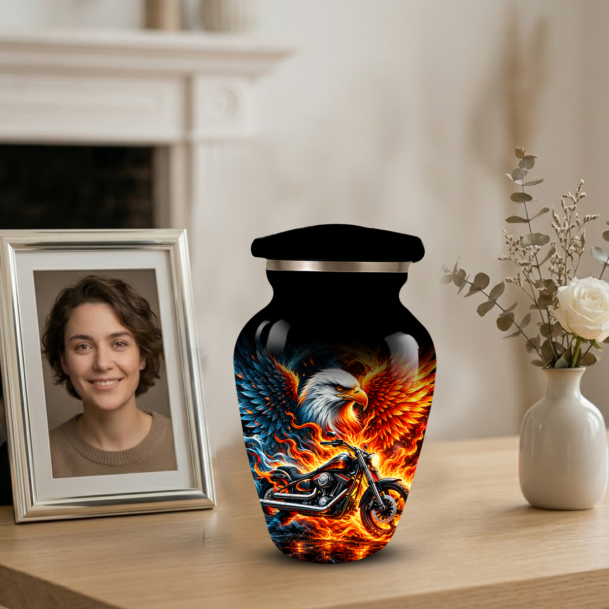 Eagle and Motorcycle Cremation Urn for Adult Ashes, Fiery Phoenix Eagle Biker Urn for Human Ashes