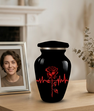 Red Rose Heartbeat Adult Urn for Ashes – Black Adult Cremation Urn, Memorial Urn for Adult Ashes