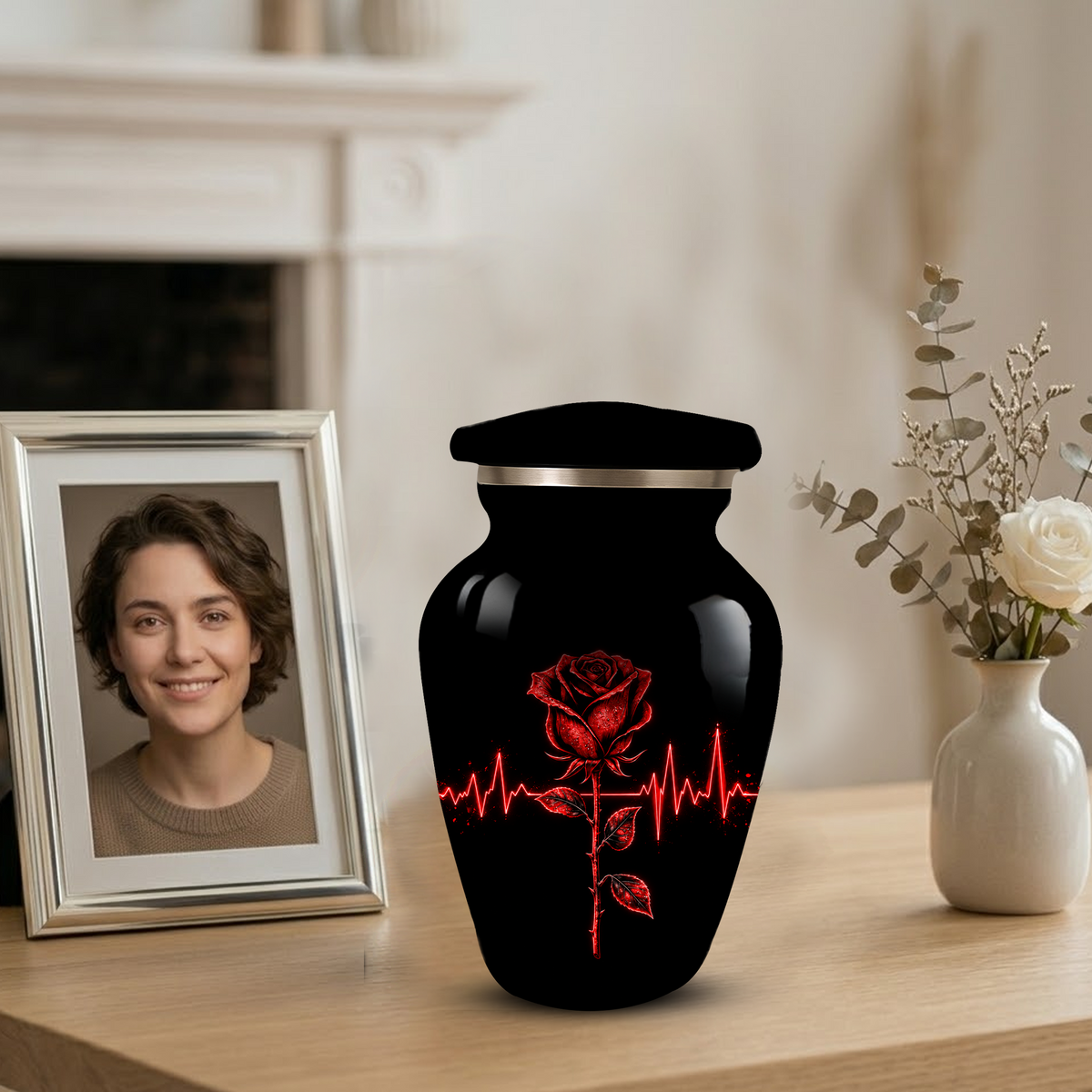 Red Rose Heartbeat Adult Urn for Ashes – Black Adult Cremation Urn, Memorial Urn for Adult Ashes