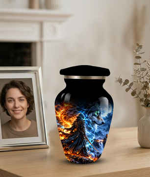 Personalized Adult Cremation Urn for Ashes, Fire and Ice Wolf Warrior Memorial Urn, Custom Aluminum Urn