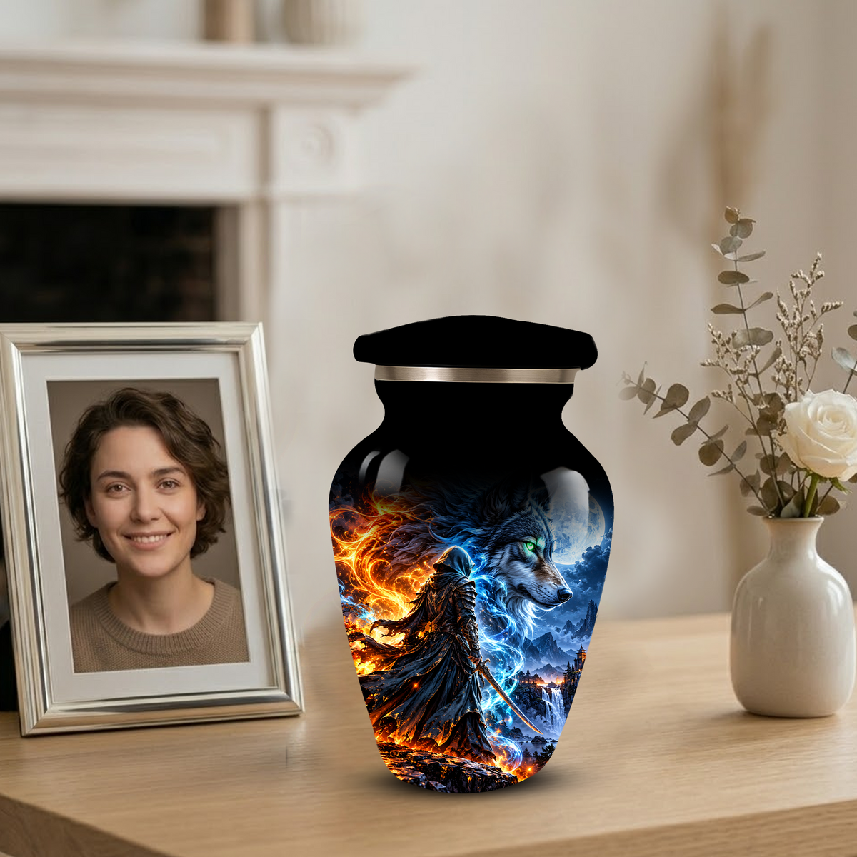 Personalized Adult Cremation Urn for Ashes, Fire and Ice Wolf Warrior Memorial Urn, Custom Aluminum Urn