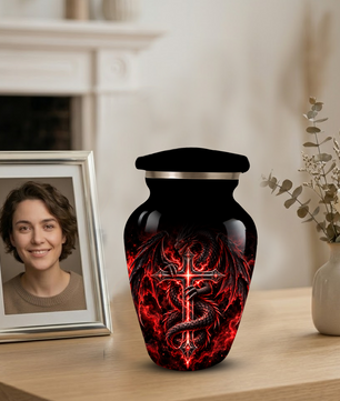 Red Dragon Cremation Urn – Dragon & Cross Adult Memorial Urn for Ashes
