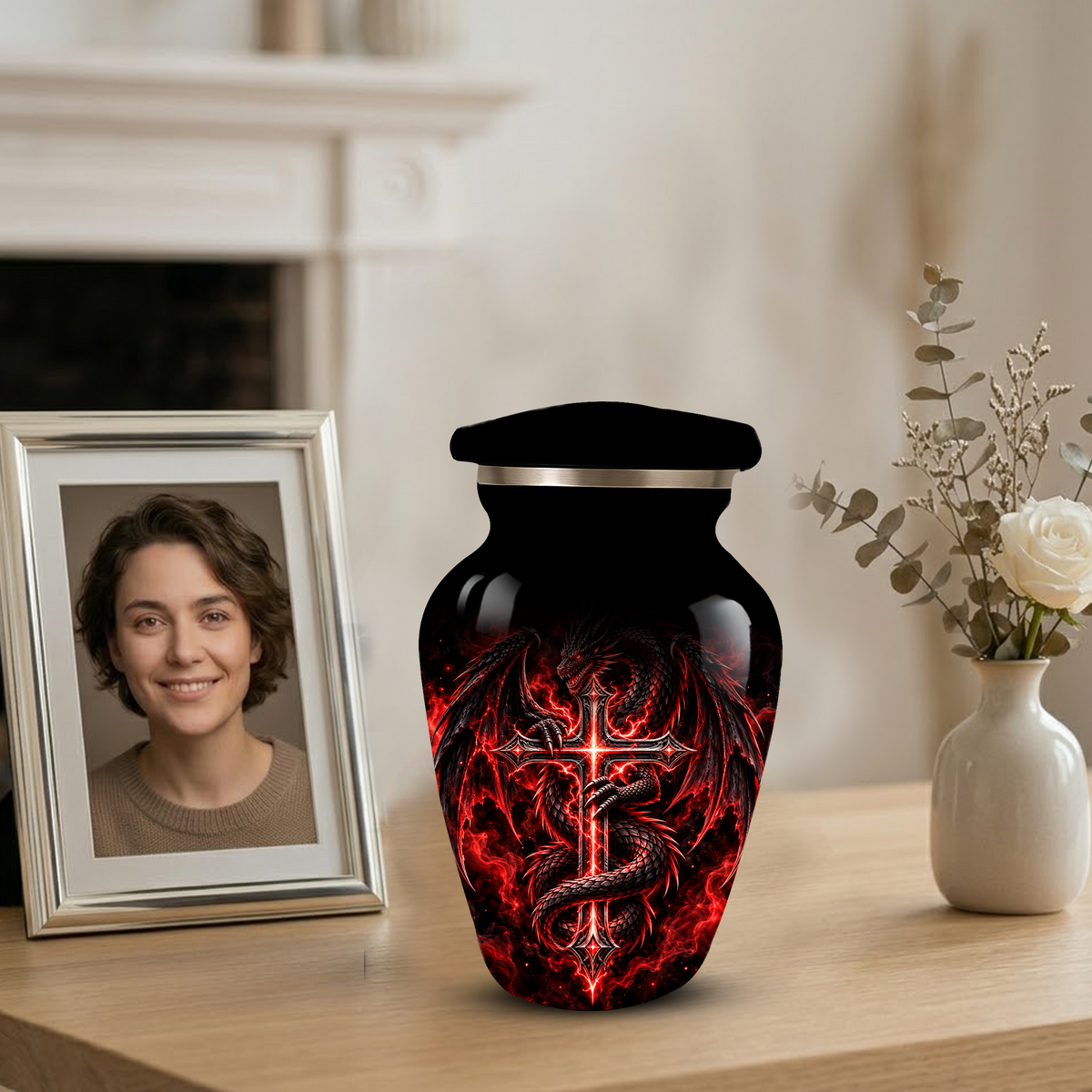 Red Dragon Cremation Urn – Dragon & Cross Adult Memorial Urn for Ashes