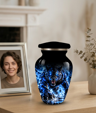 Black Panther Cremation Urn for Ashes, Blue Lightning Big Cat Urn for Human Ashes