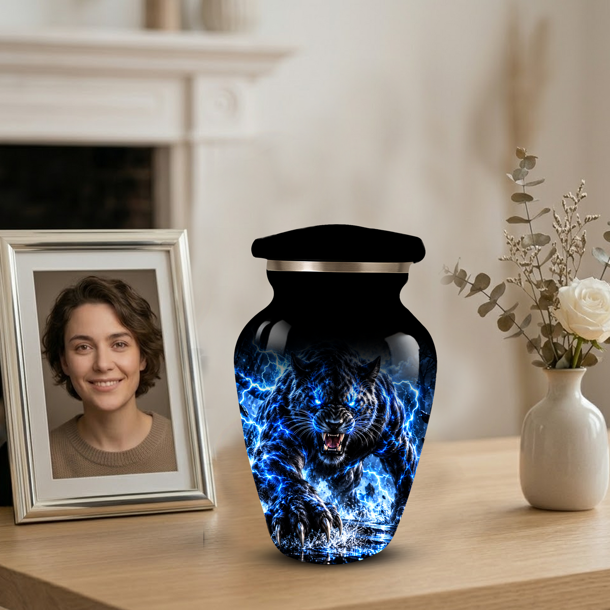 Black Panther Cremation Urn for Ashes, Blue Lightning Big Cat Urn for Human Ashes