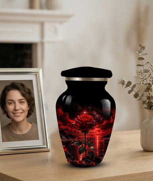 Red Rose Cremation Urn – Romantic Memorial Adult Urn for Ashes with Sunset Design