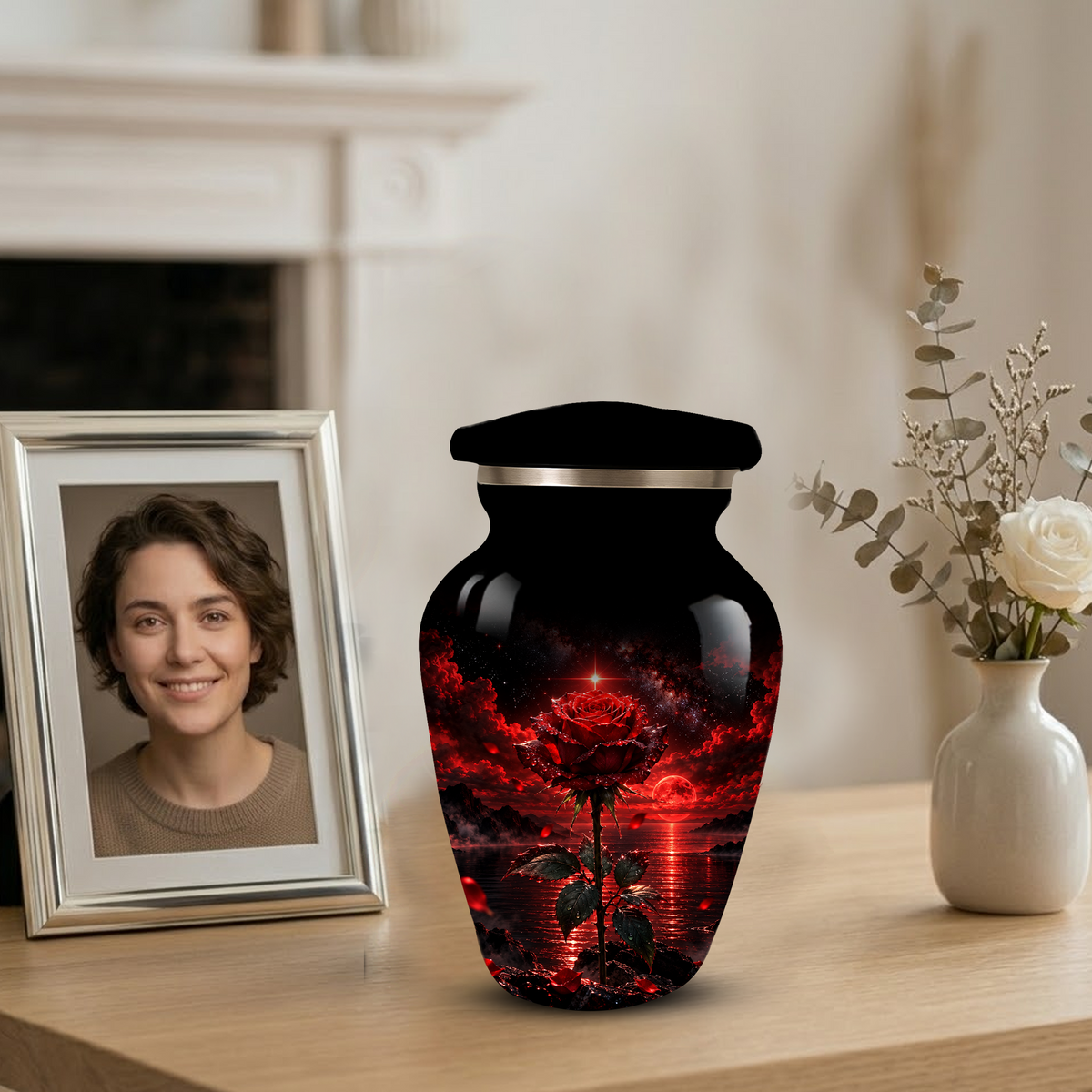 Red Rose Cremation Urn – Romantic Memorial Adult Urn for Ashes with Sunset Design