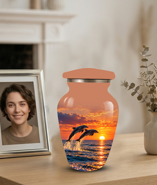 Dolphin Cremation Urn for Ashes, Ocean Sunset Design, Custom Adult Urn for Loved Ones
