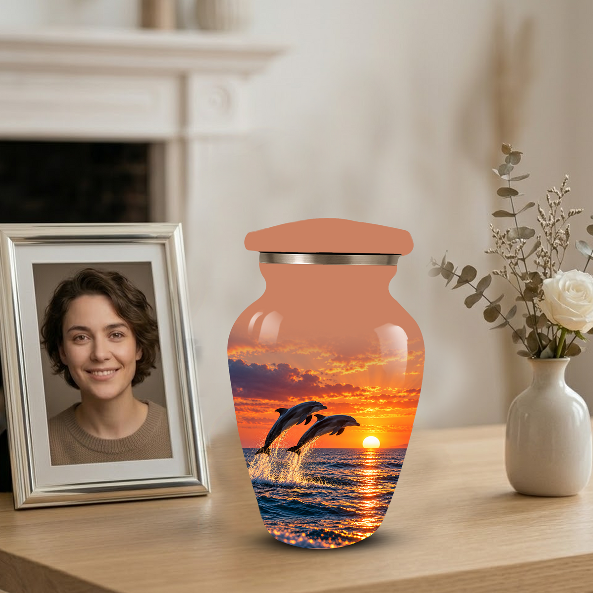 Dolphin Cremation Urn for Ashes, Ocean Sunset Design, Custom Adult Urn for Loved Ones