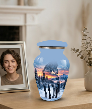 Snowy Horse Cremation Urn for Adult Ashes, Black Horse in Winter Forest Memorial Urn, Personalized Urn for Human Ashes