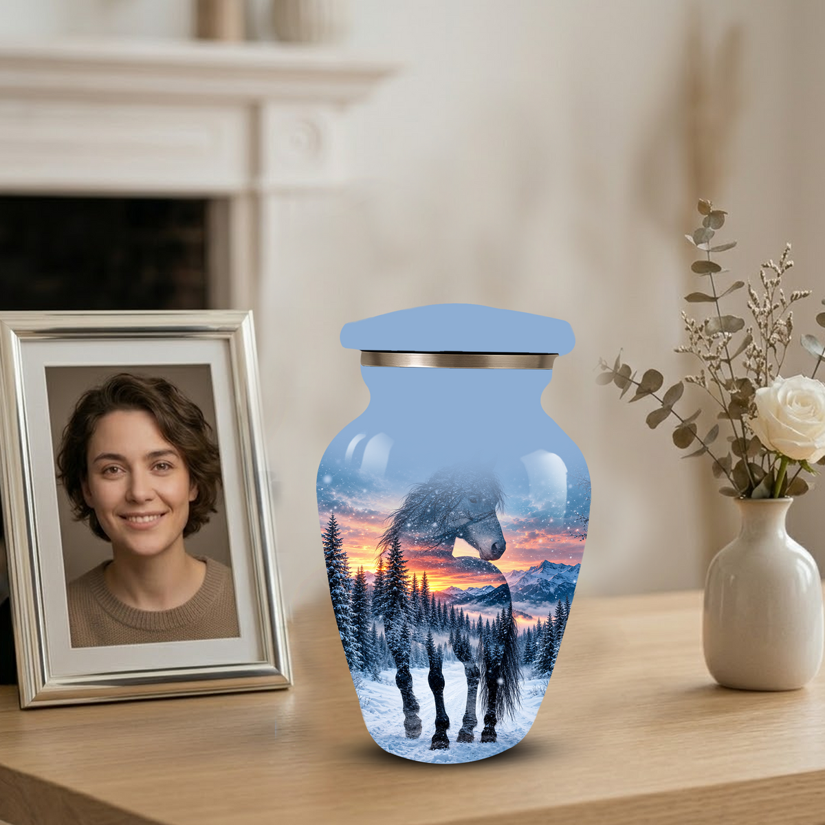 Snowy Horse Cremation Urn for Adult Ashes, Black Horse in Winter Forest Memorial Urn, Personalized Urn for Human Ashes