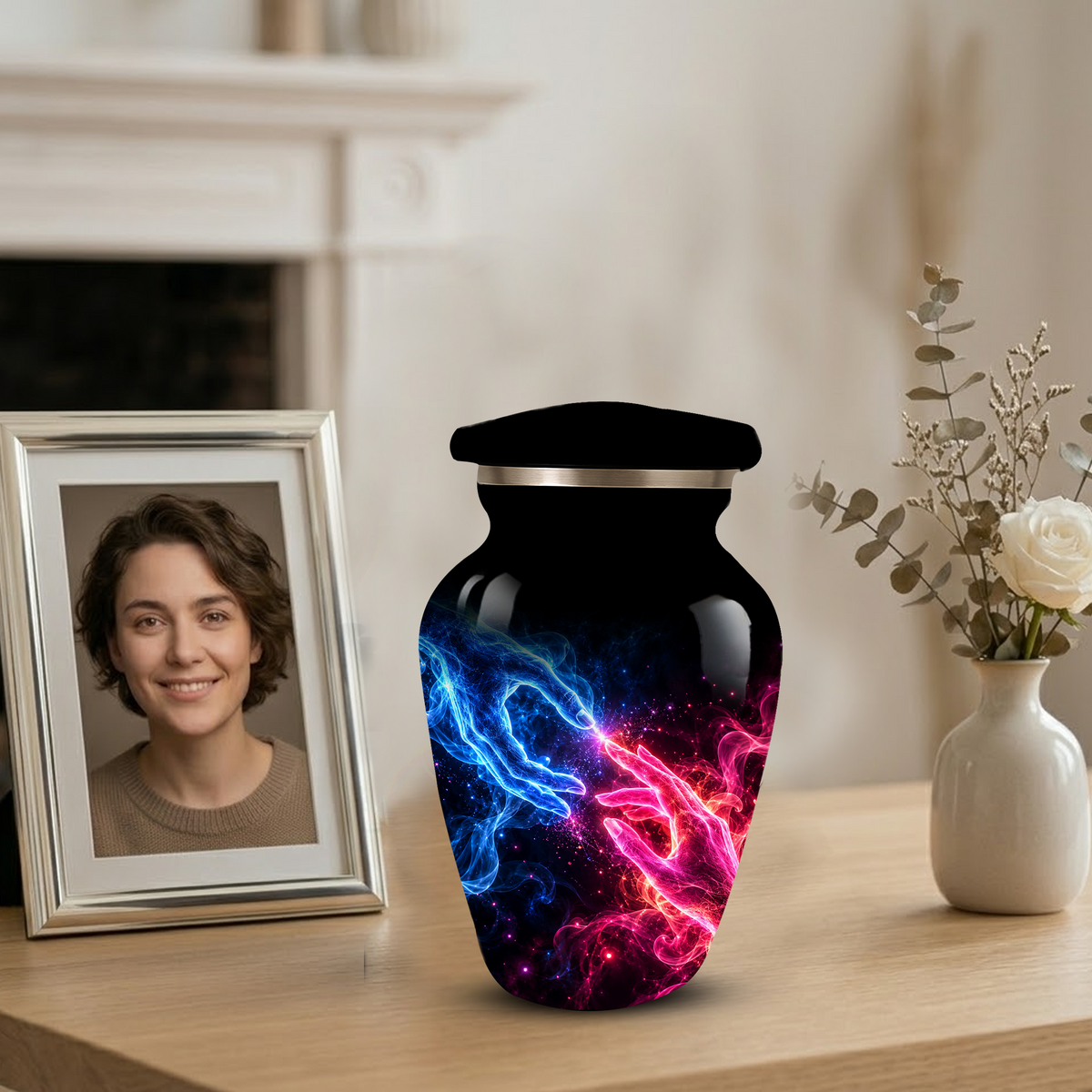 Cosmic Hands Cremation Urn for Adult Ashes, Blue and Pink Galaxy Memorial Urn, Personalized Funeral Urn for Human Ashes, Celestial Keepsake