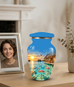 Adult Cremation Urn for Ashes, Personalized Aluminum Adult Urn, Tropical Beach Flamingo Memorial Urn