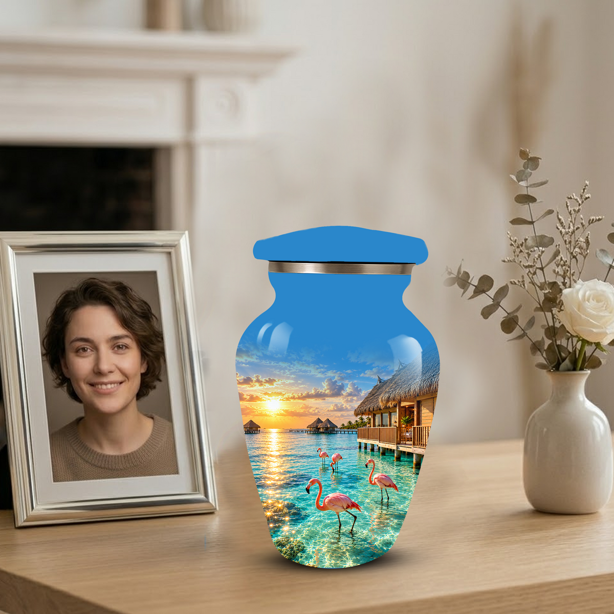 Adult Cremation Urn for Ashes, Personalized Aluminum Adult Urn, Tropical Beach Flamingo Memorial Urn