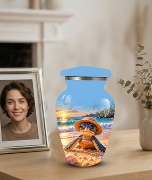 Personalized Sea Turtle Beach Aluminum Urn, Tropical Sunset Memorial Urn for Human Ashes