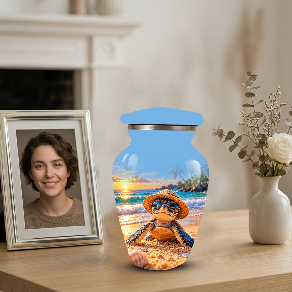 Personalized Sea Turtle Beach Aluminum Urn, Tropical Sunset Memorial Urn for Human Ashes