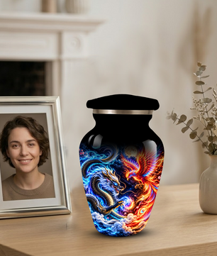 Blue Dragon and Phoenix Cremation Urn for Adult Ashes, Fantasy Bird Memorial Urn