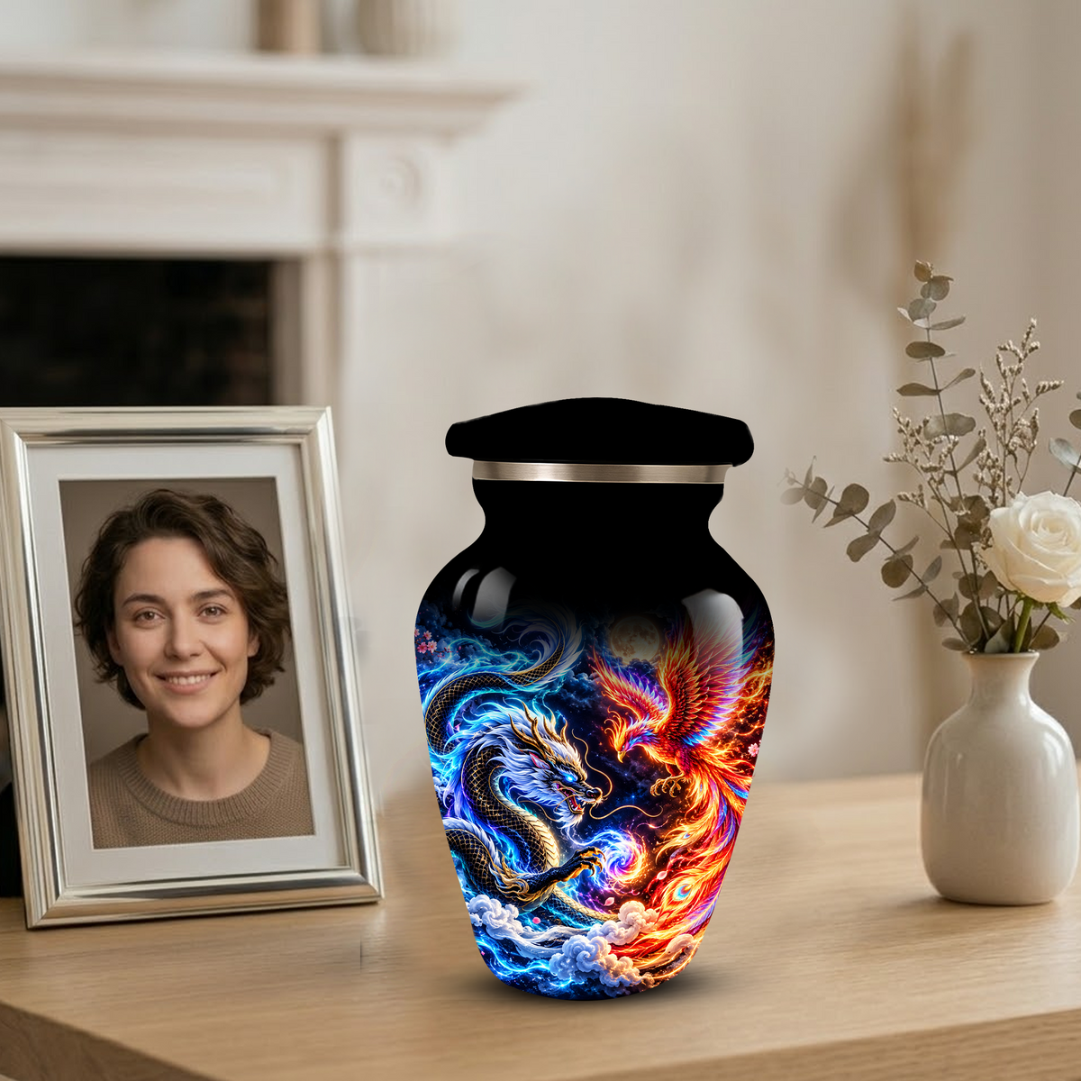 Blue Dragon and Phoenix Cremation Urn for Adult Ashes, Fantasy Bird Memorial Urn