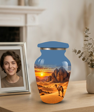 Adult Cremation Urn for Ashes, Personalized Desert Camel Aluminum Urn, Sunset Mountain Memorial Urn