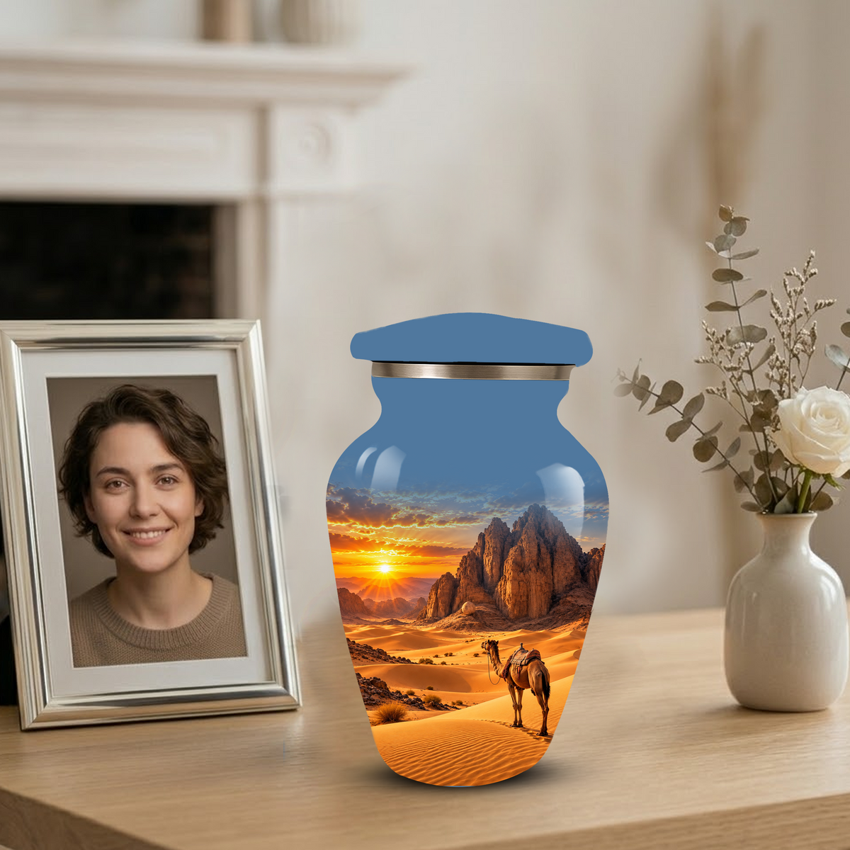 Adult Cremation Urn for Ashes, Personalized Desert Camel Aluminum Urn, Sunset Mountain Memorial Urn