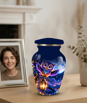 Owl Cremation Urn for Adult Ashes, Colorful Owl Under Moonlight Adult Urn for Human Ashes