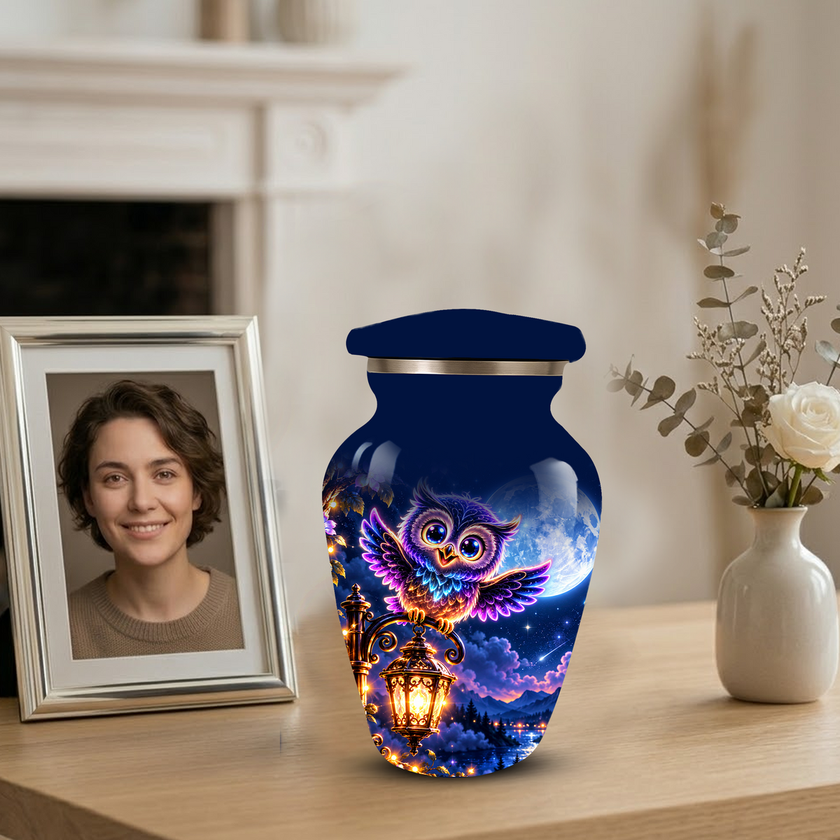 Owl Cremation Urn for Adult Ashes, Colorful Owl Under Moonlight Adult Urn for Human Ashes