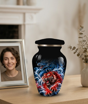 Personalized Adult Cremation Urn for Ashes, Custom Dragon and Tiger Memorial Urn, Blue Dragon Red Tiger Artwork
