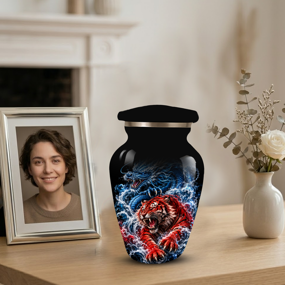 Personalized Adult Cremation Urn for Ashes, Custom Dragon and Tiger Memorial Urn, Blue Dragon Red Tiger Artwork