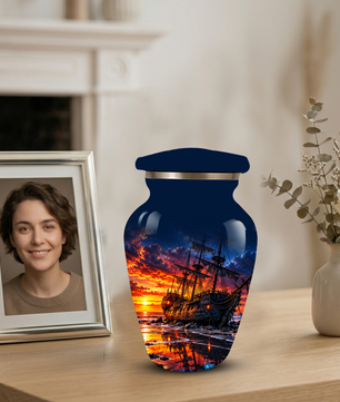 Personalized Pirate Ship Cremation Urn for Ashes, Sunset Ship Adult Memorial Urn