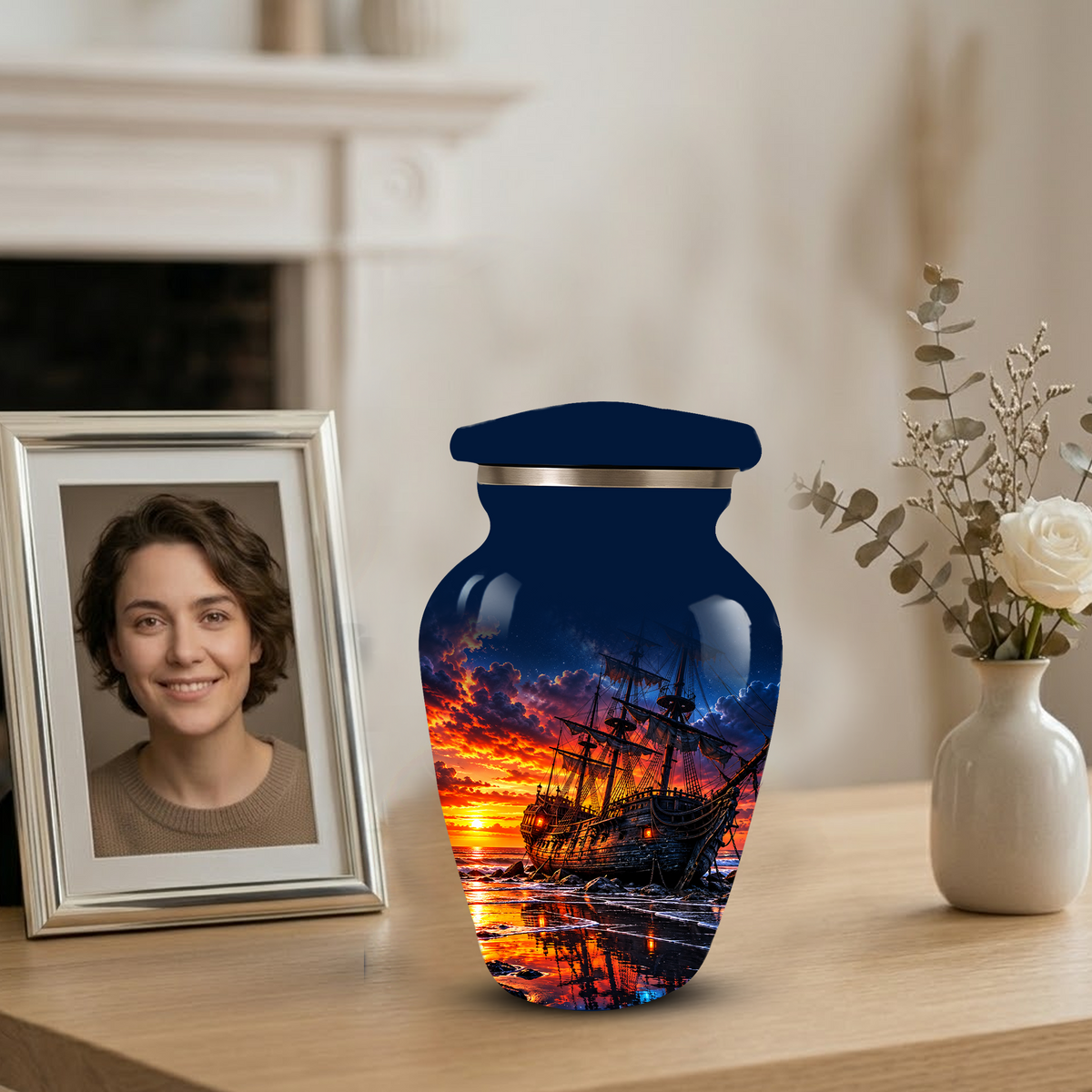 Personalized Pirate Ship Cremation Urn for Ashes, Sunset Ship Adult Memorial Urn