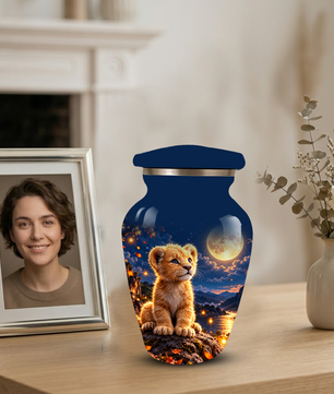 Personalized Adult Cremation Urn for Ashes, Baby Lion Under Golden Moon Memorial Urn
