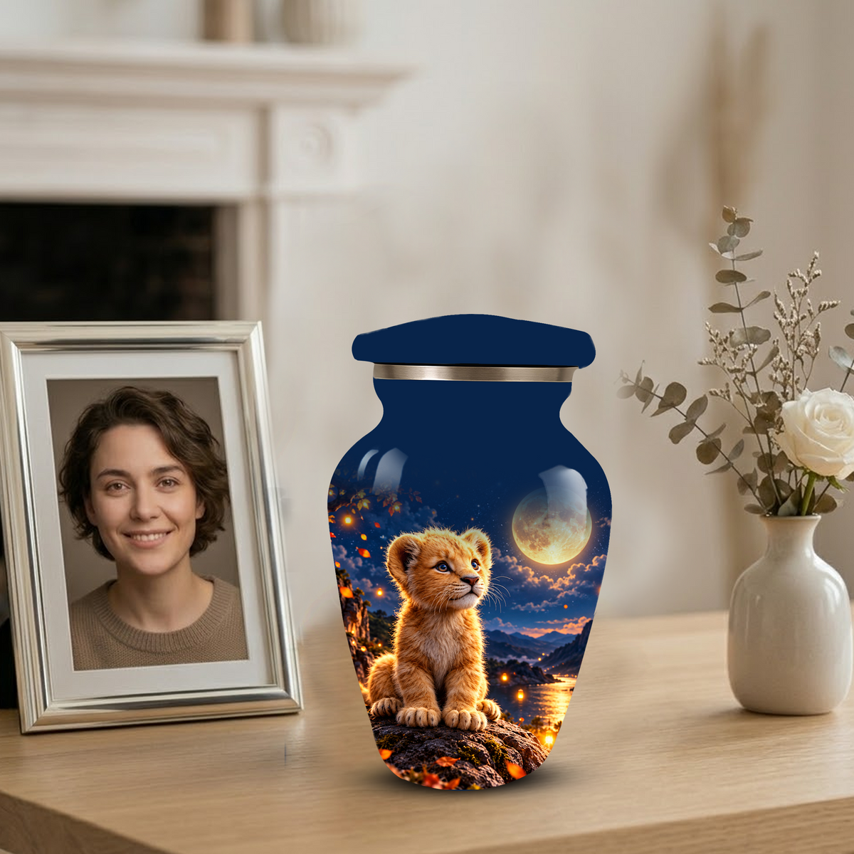 Personalized Adult Cremation Urn for Ashes, Baby Lion Under Golden Moon Memorial Urn