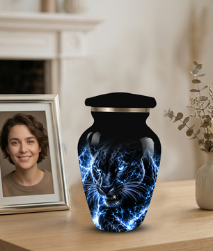 Personalized Adult Cremation Urn for Ashes, Custom Black Panther Memorial Urn, Blue Lightning Fantasy Animal Artwork