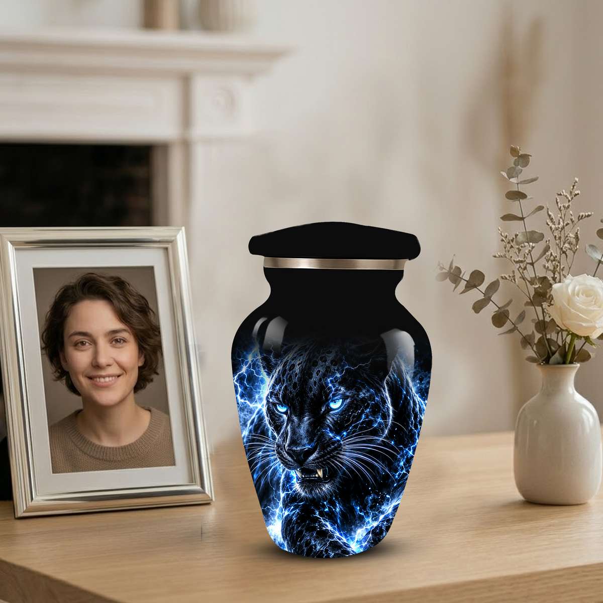 Personalized Adult Cremation Urn for Ashes, Custom Black Panther Memorial Urn, Blue Lightning Fantasy Animal Artwork
