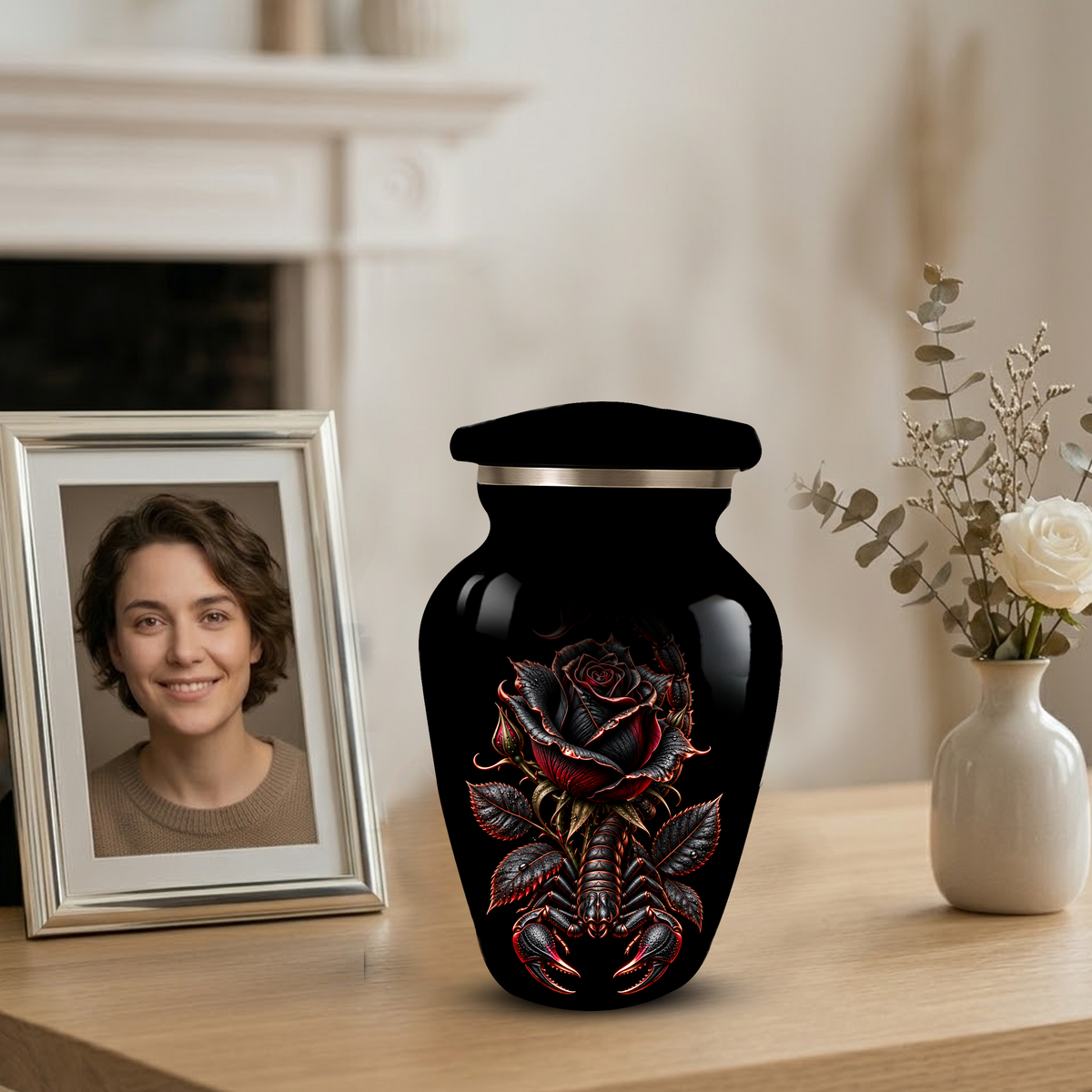 Black Rose & Scorpion Cremation Urn – Gothic Adult Memorial Urn for Ashes