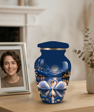 Personalized Adult Cremation Urn for Ashes, Two Swans Under the Full Moon Memorial Urn