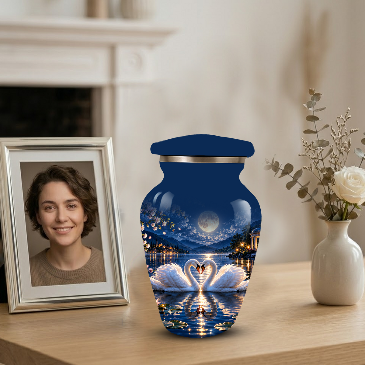 Personalized Adult Cremation Urn for Ashes, Two Swans Under the Full Moon Memorial Urn