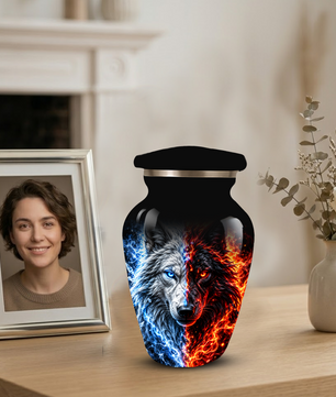 Personalized Adult Cremation Urn for Ashes, Custom Wolf Memorial Urn, Blue and Fire Red Dual Wolf Artwork