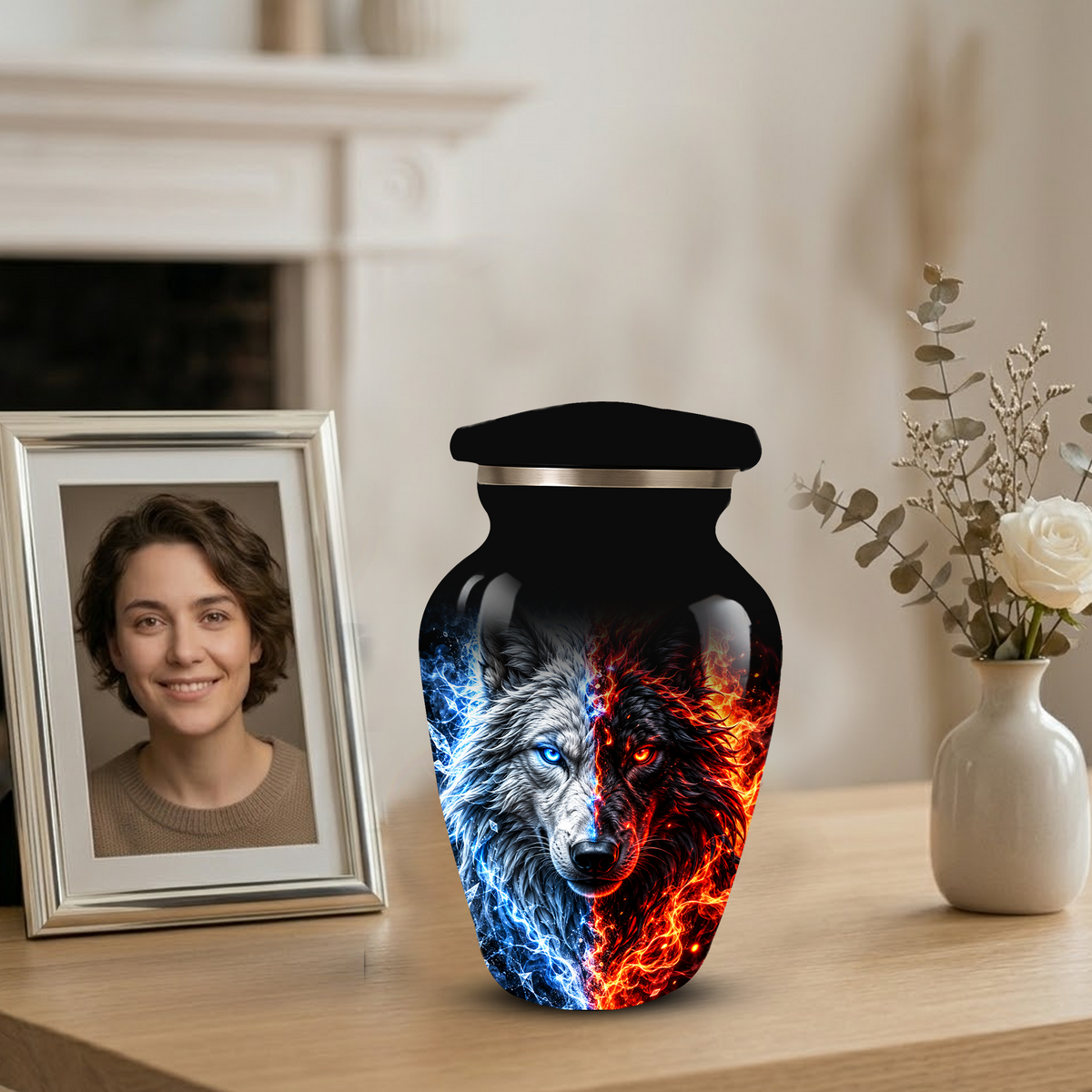 Personalized Adult Cremation Urn for Ashes, Custom Wolf Memorial Urn, Blue and Fire Red Dual Wolf Artwork