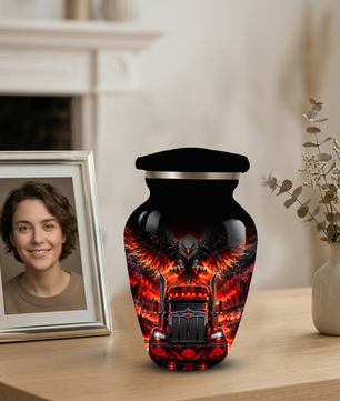 Personalized Adult Cremation Urn for Ashes, Custom Red Semi Truck and Fiery Eagle Memorial Urn, Truck Driver Urn