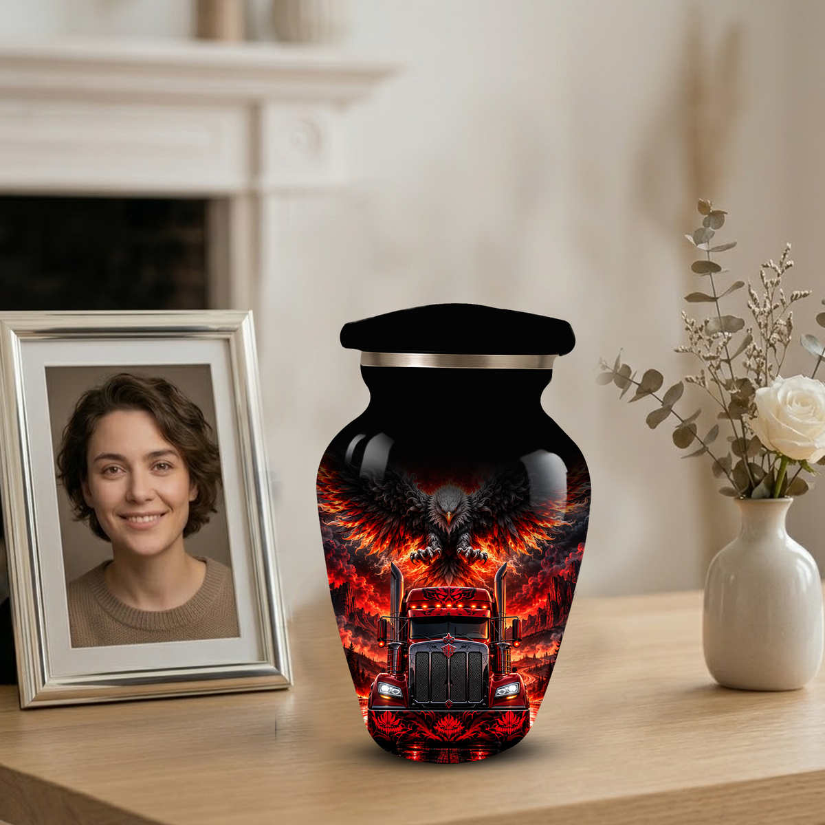 Personalized Adult Cremation Urn for Ashes, Custom Red Semi Truck and Fiery Eagle Memorial Urn, Truck Driver Urn
