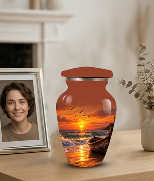 Beach Cremation Urn for Ashes | Ocean Sunset Memorial Urn | Personalized Beach & Ocean Theme Urn