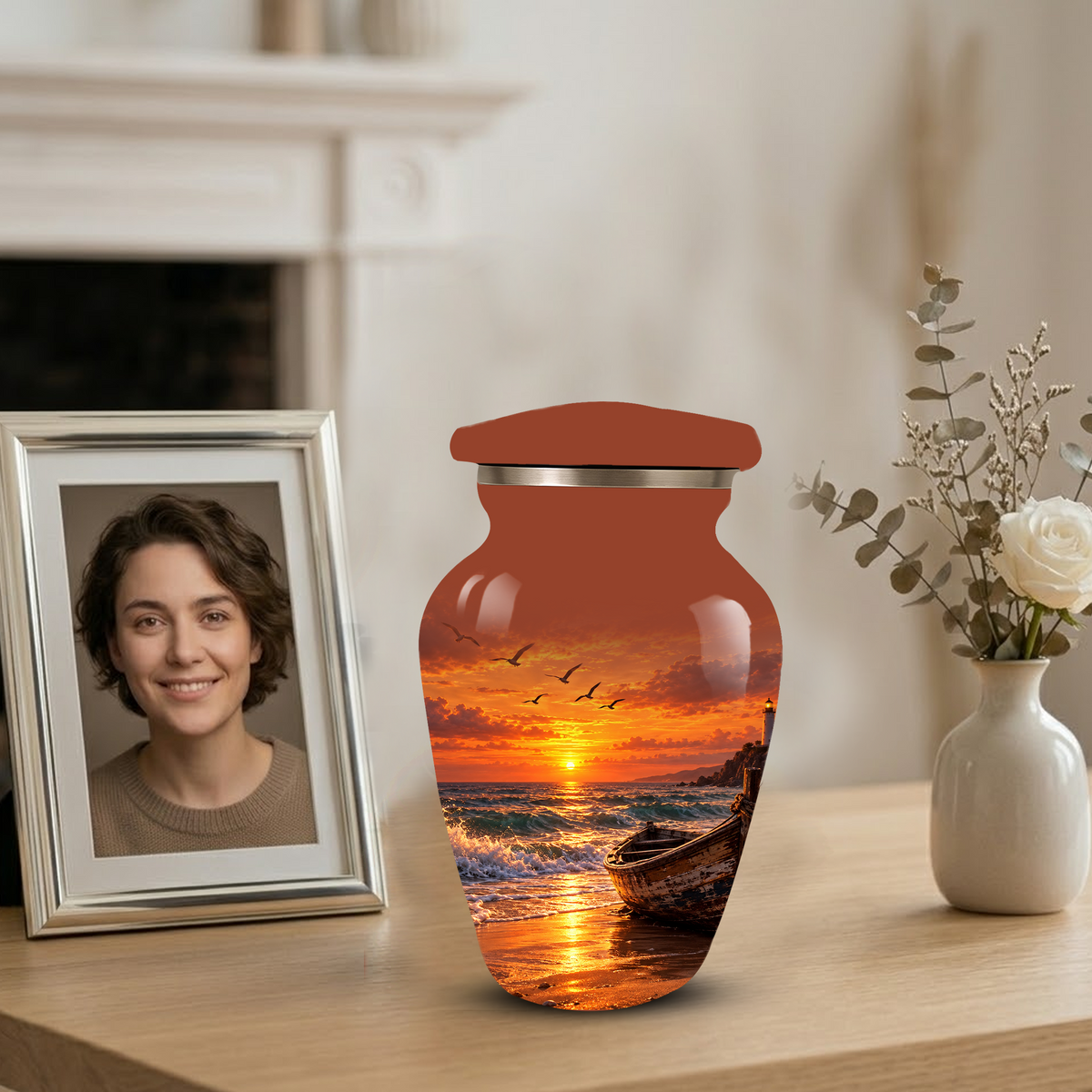 Beach Cremation Urn for Ashes | Ocean Sunset Memorial Urn | Personalized Beach & Ocean Theme Urn