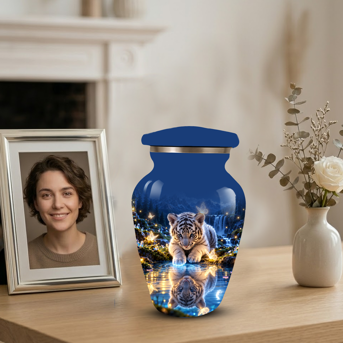 Personalized Adult Cremation Urn for Ashes, White Tiger Cub Memorial Urn, Custom Animal Urn